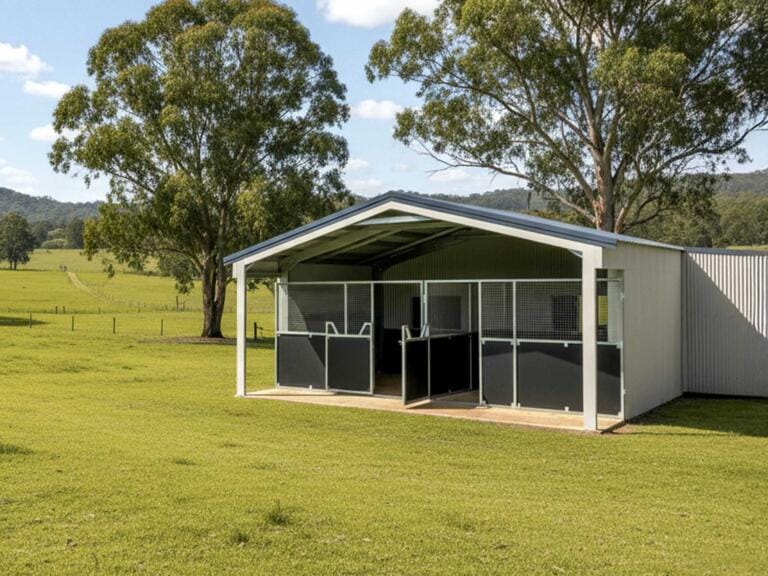 Rural shed in lush green paddock with trees.
