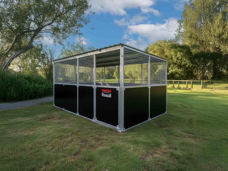 Corner front view of outdoor Multipurpose Animal Pen on grass field.