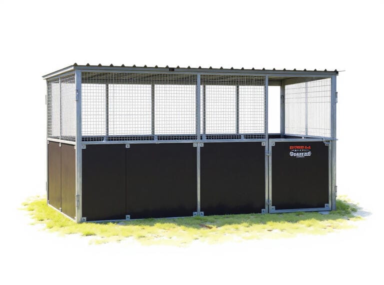 Outdoor kennel with metal fencing and roof.