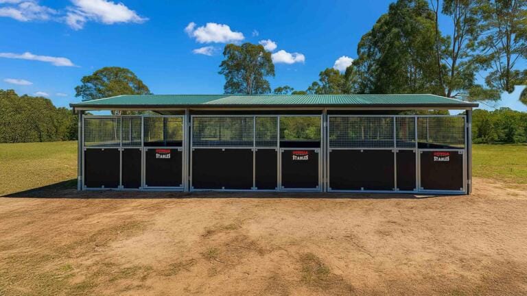 Outdoor modular horse stables in sunny field