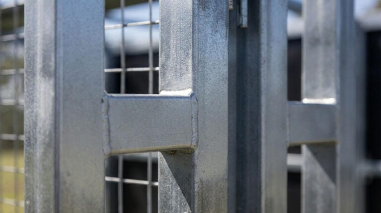 Close-up of metal fence joints outdoors