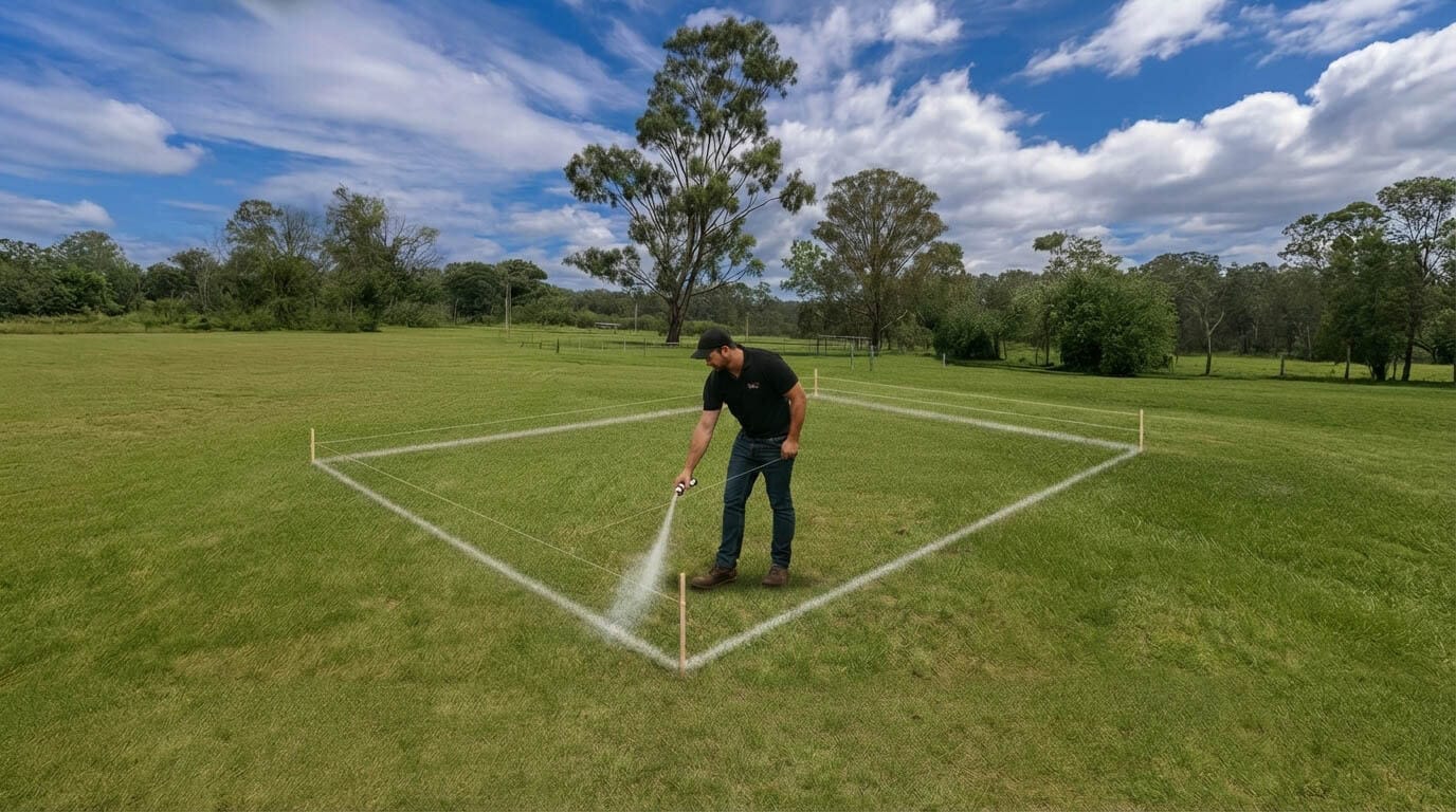 Person marking square on green field with spray paint.