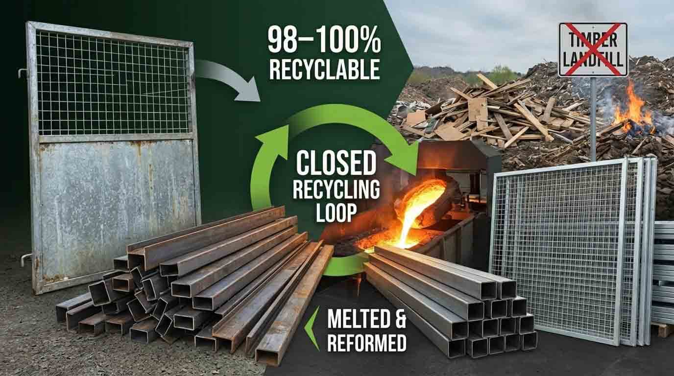 Diagram showing steel stable panels entering a closed recycling loop, where RHS steel is melted and reformed into new products, contrasted with timber waste sent to landfill.