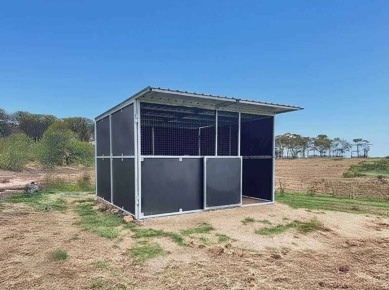 Completed 4m x 4m Guerilla Steel DIY horse stable kit installed on property by Jess from Gyra