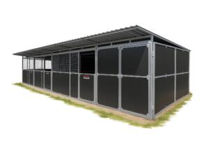 3D render of custom 3-bay horse stable with tack room and pitched roof – conceptual visual showing airflow, layout, and structure design.
