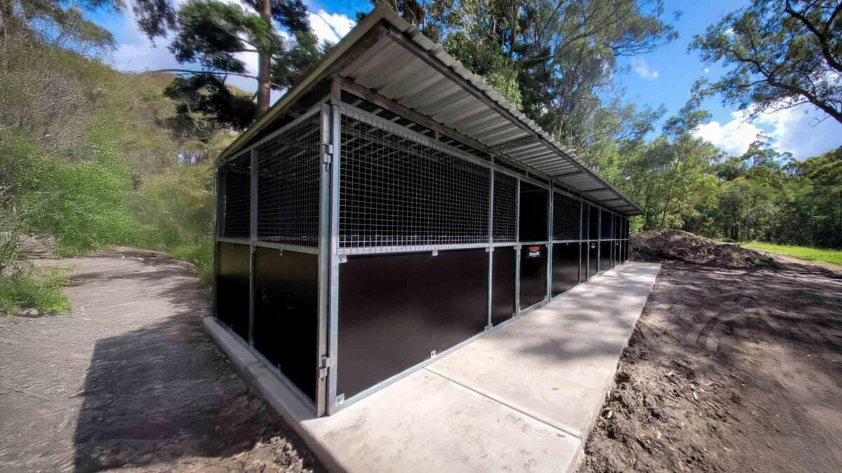 High-resolution front-left angle of completed 3-bay horse stable with integrated tack room – showcases durable steel build, mesh airflow panels, and professional finish on a rural property.