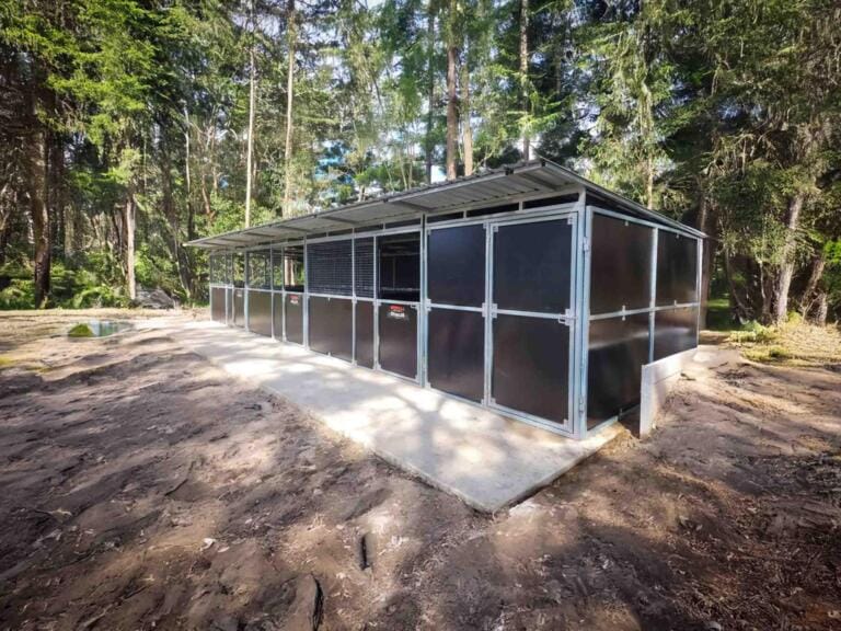 Showing junction of Stable 3 Bay steel framework, mesh panel, and gate system – details robust welds and access points.