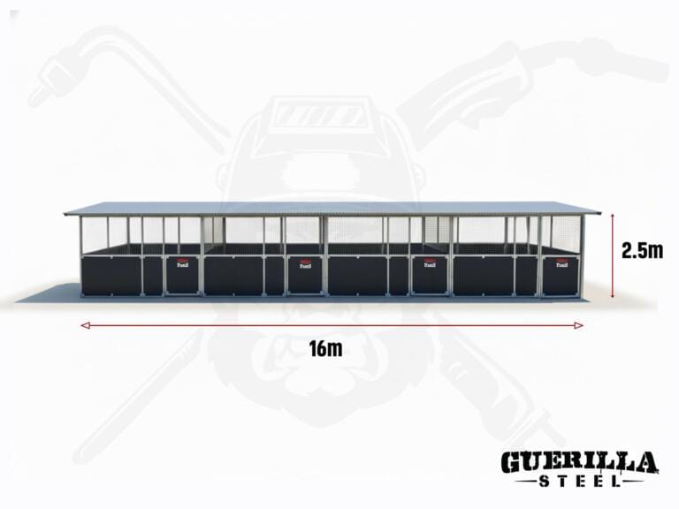 Large steel structure with mesh panels, dimensions labeled.
