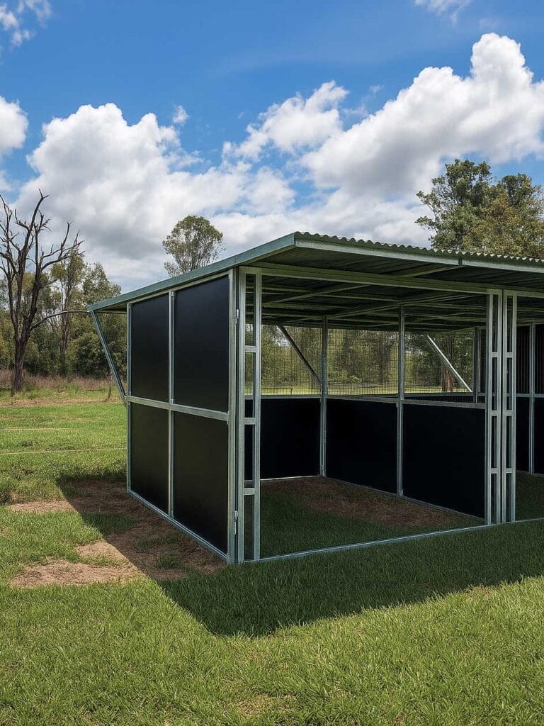 Outdoor animal shelter under clear blue sky