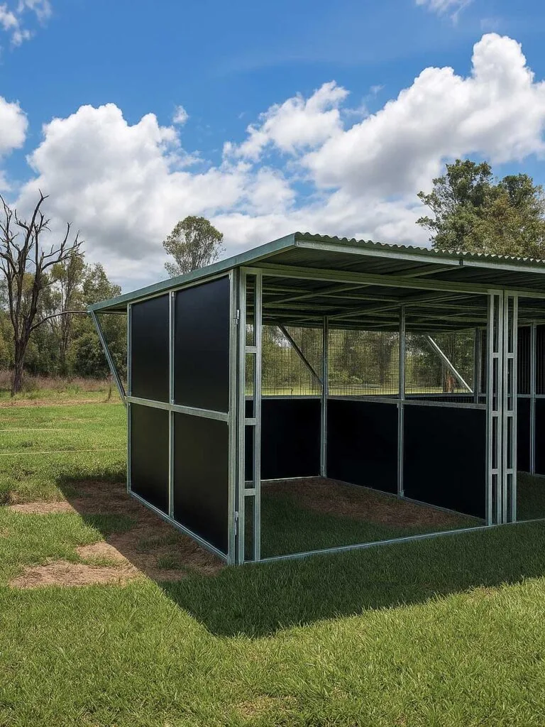 Outdoor animal shelter under clear blue sky