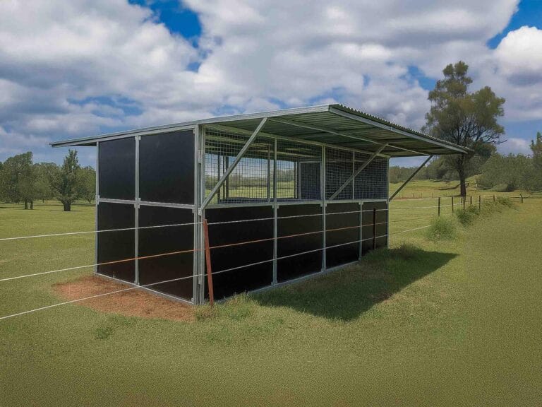 Horse shelter in a grassy field