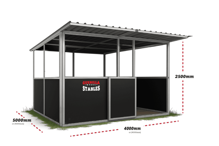 Technical side drawing of a Guerilla Steel stable with dimensions