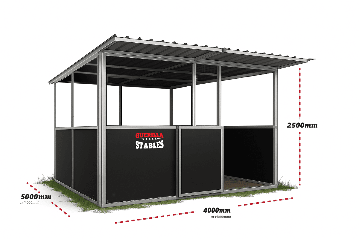 Steel stables with dimensions for horses.