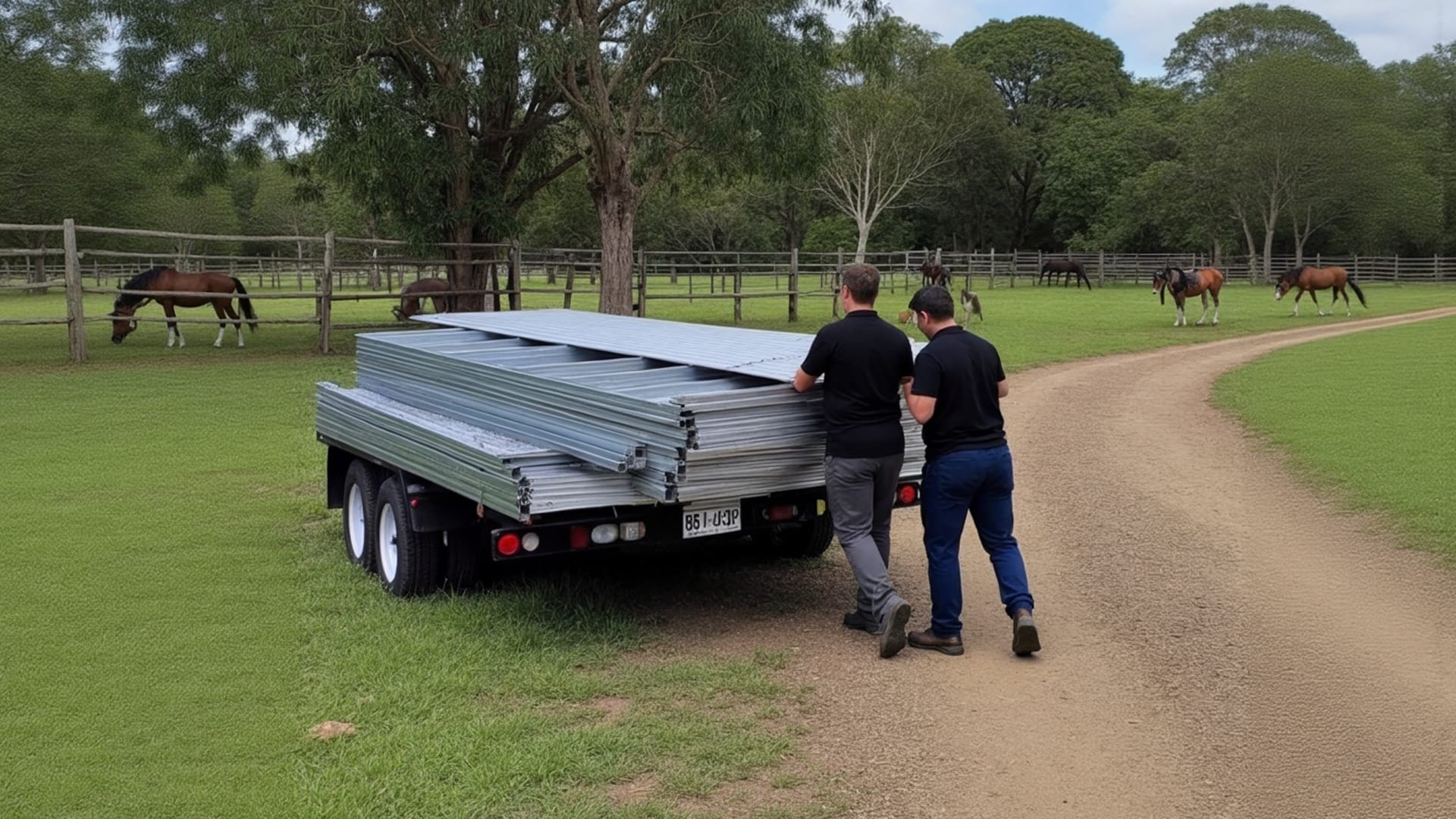 Two men loading metal sheets onto trailer in paddock.