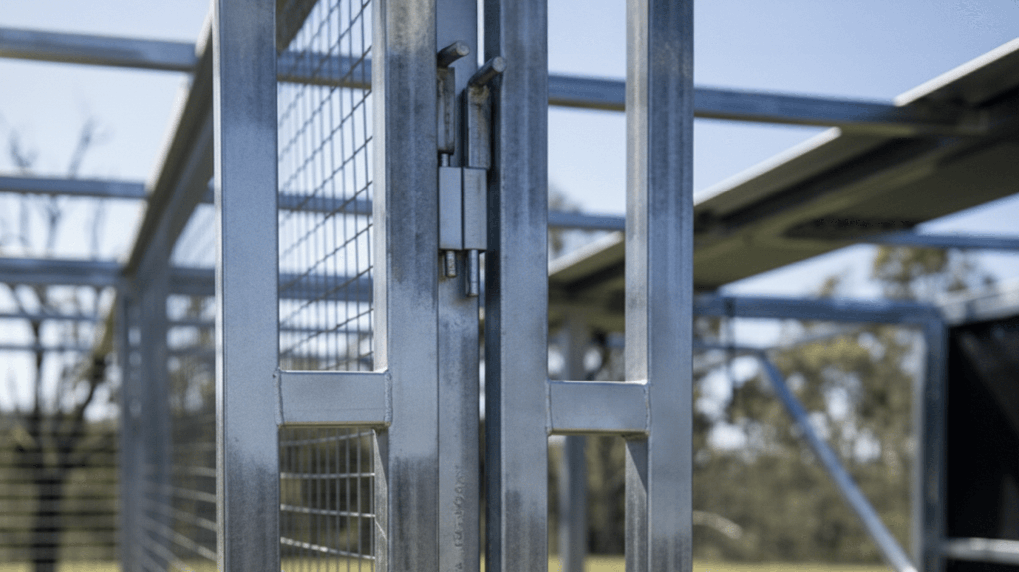 Close-up of Australian steel stable frame with locking bolt to secure frame at the corner and for modular frame connections.
