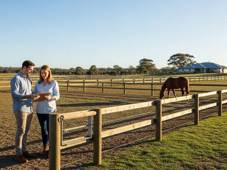 Couple discussing plans near horse paddock.