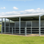 Rural Australia metal horse stable on green field