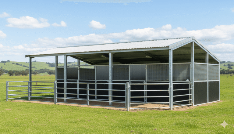 Rural Australia metal horse stable on green field