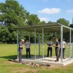 Friends assembling outdoor stable shelter on a sunny day.