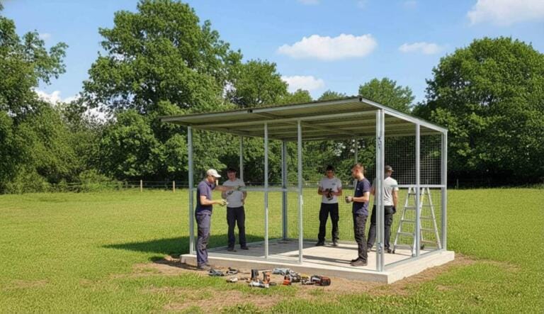 Friends assembling outdoor stable shelter on a sunny day.