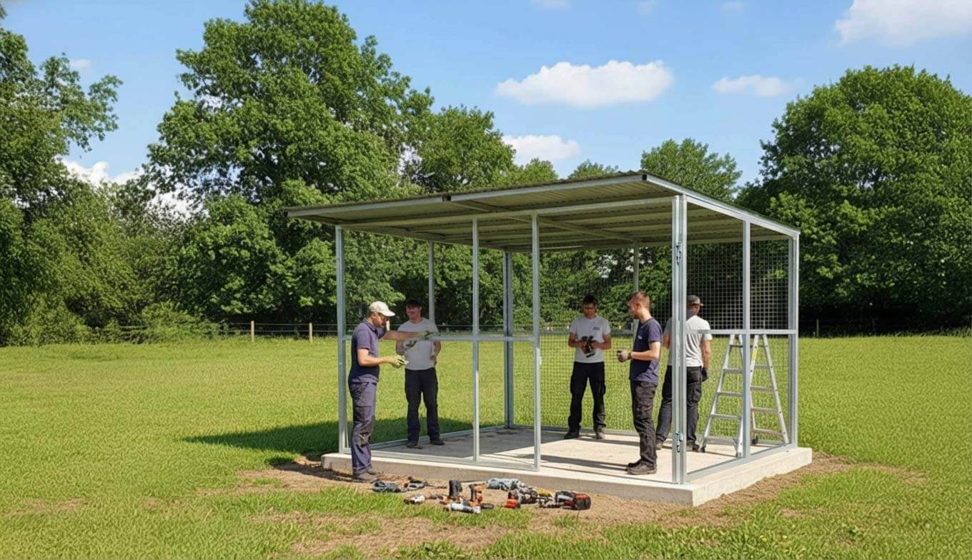 Friends assembling outdoor stable shelter on a sunny day.