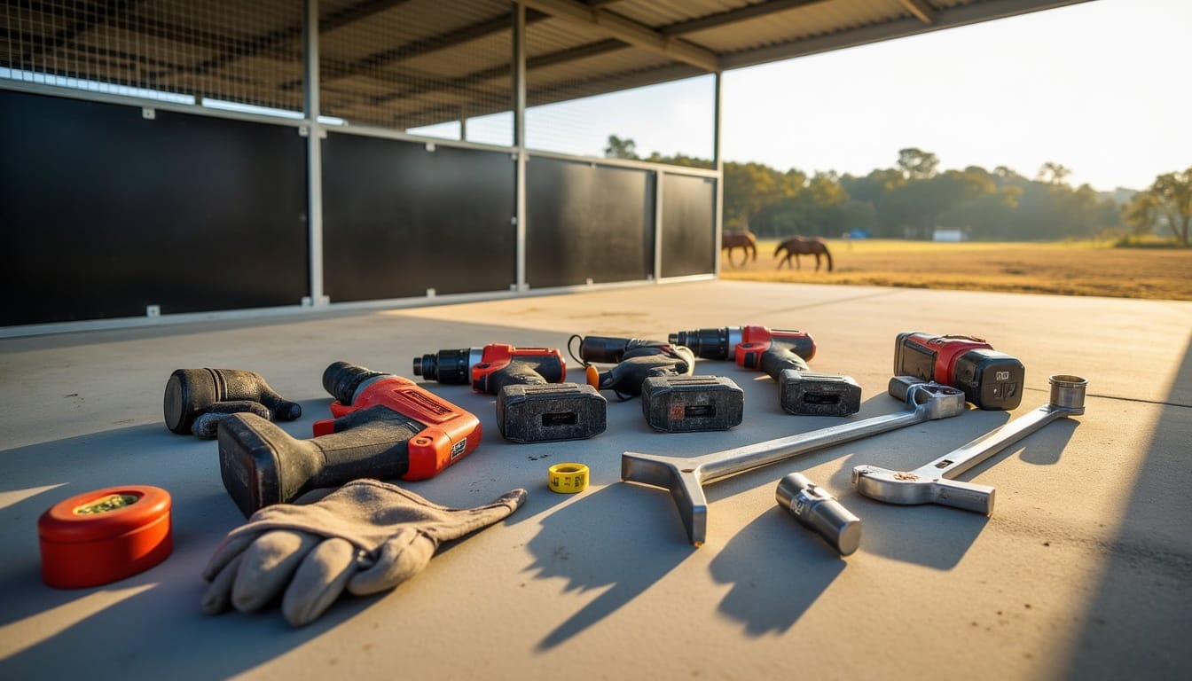 Workshop tools on concrete floor beside stables.