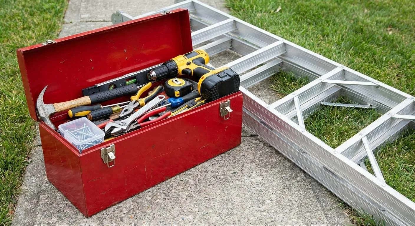 Red toolbox with tools beside metal ladder on grass.