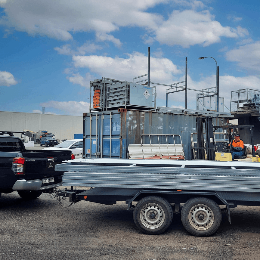 Worker on forklift, construction equipment, metal bars on trailer.