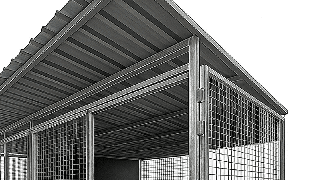 Metal pet enclosure with slanted roof