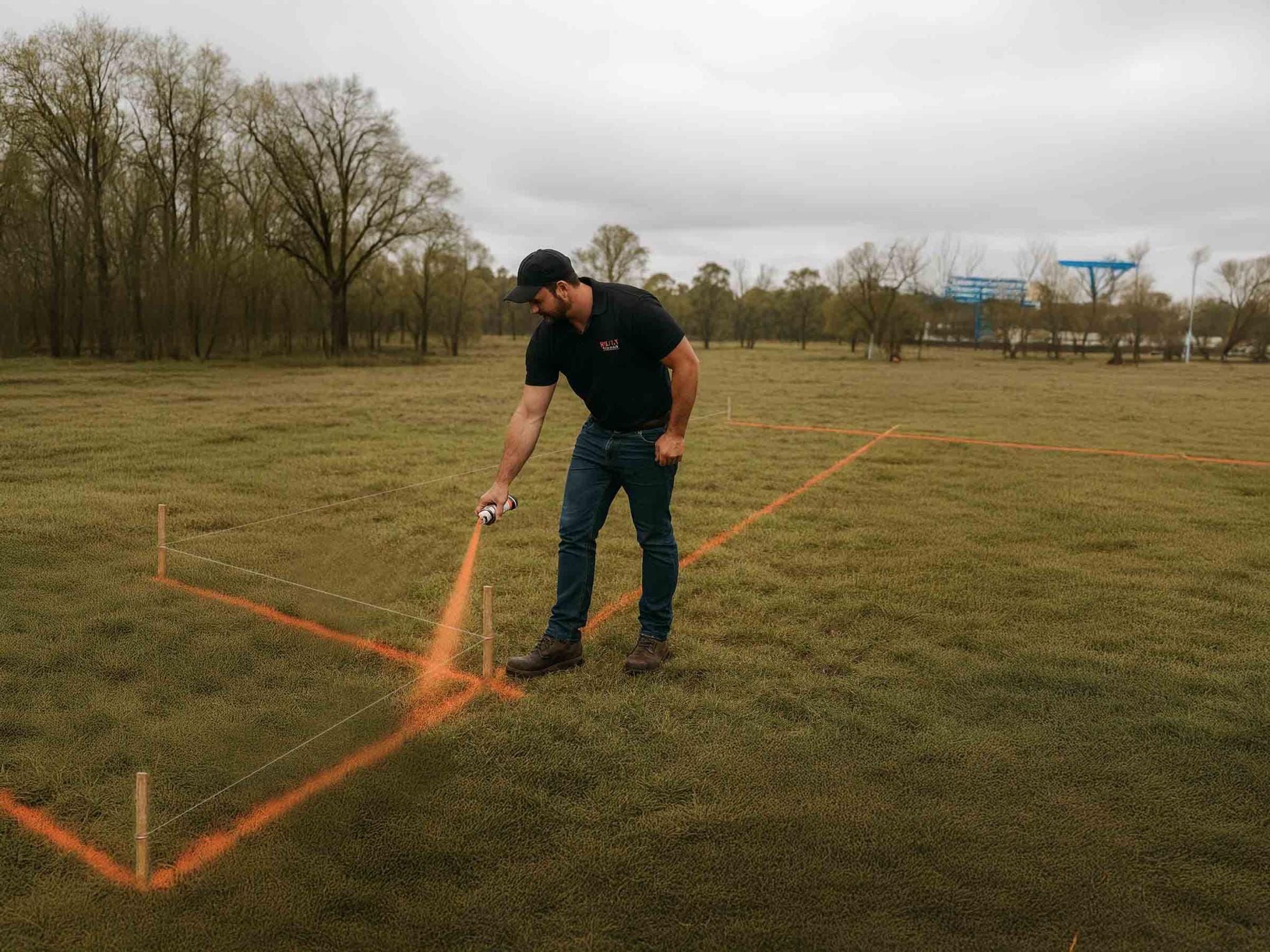 Man marking grass with orange spray paint.