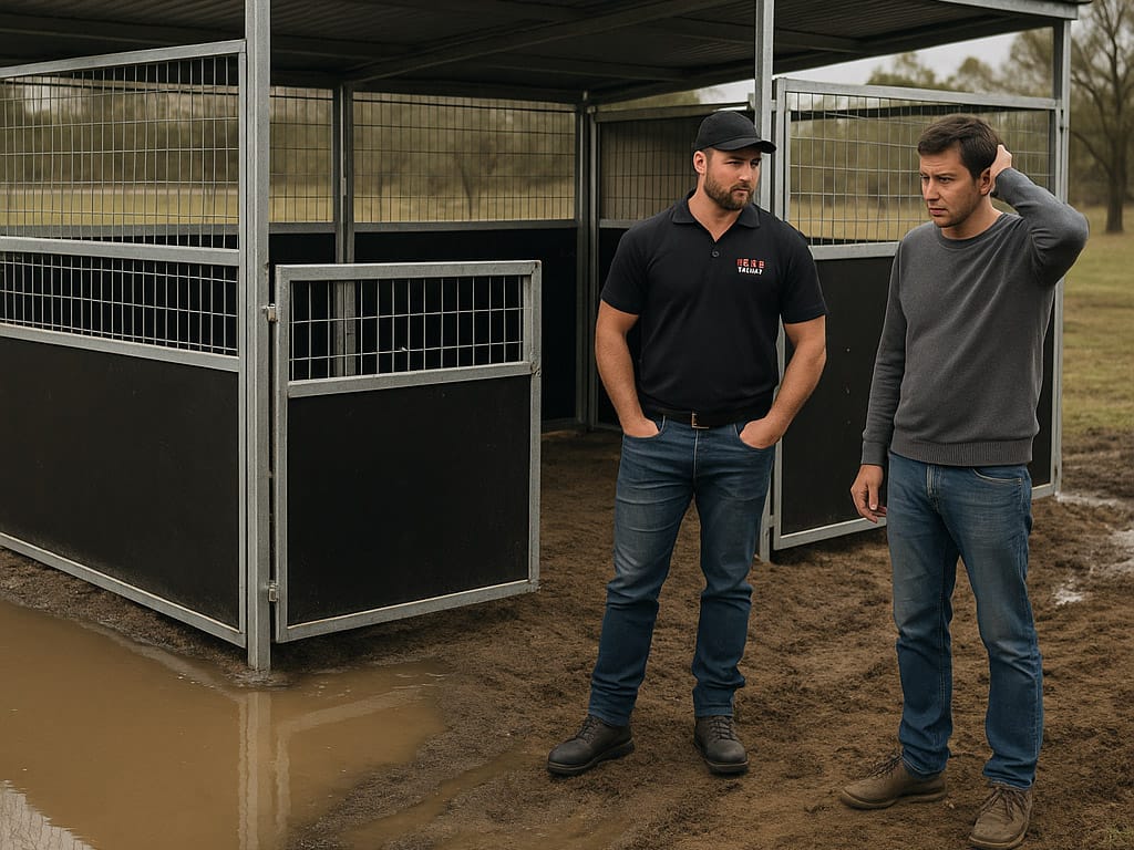Two men stand near outdoor animal enclosure.