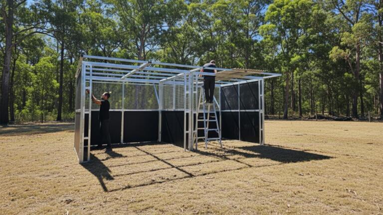 Two men assembling metal structure in open field.