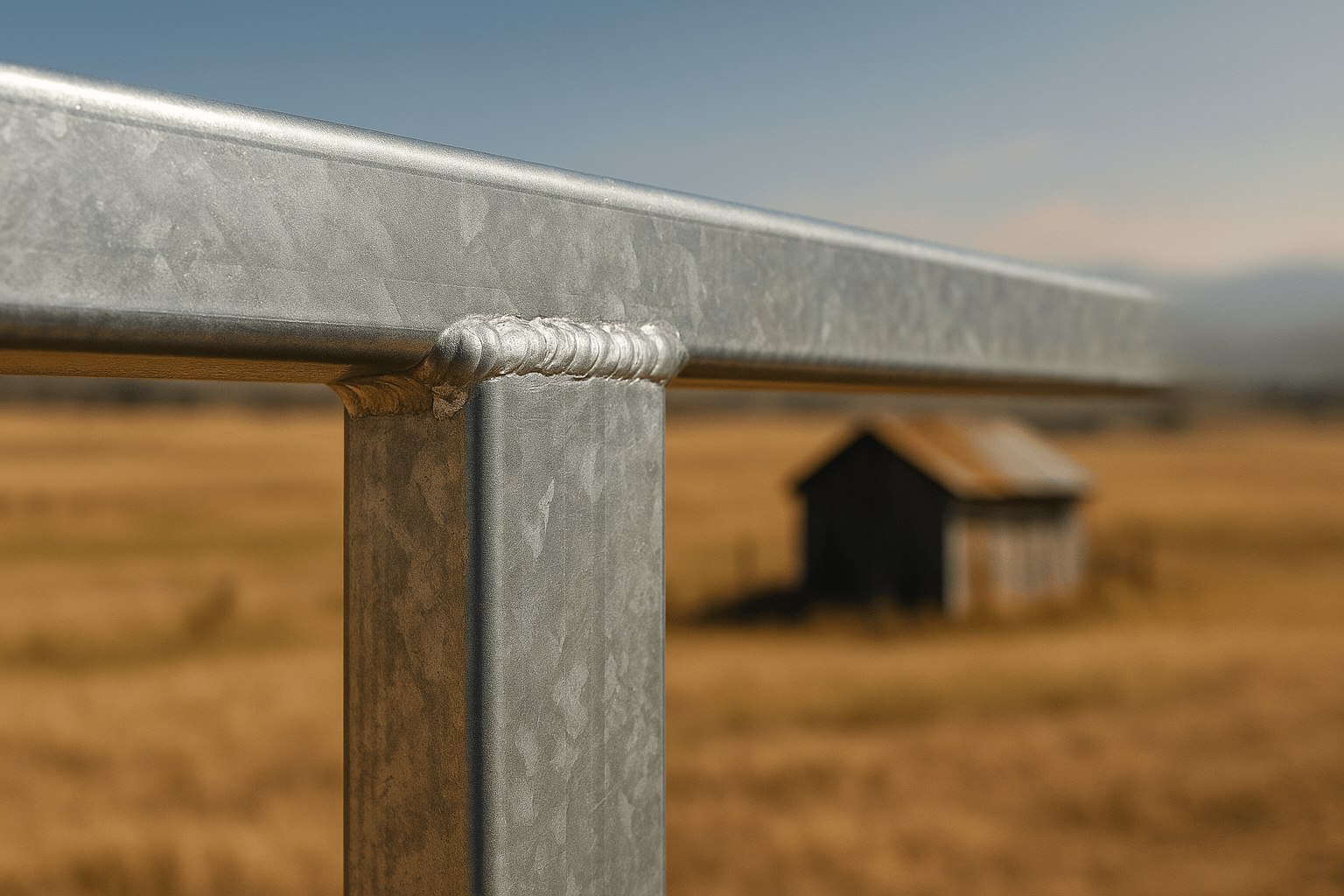 Metal fence close-up, blurred rural landscape backdrop.