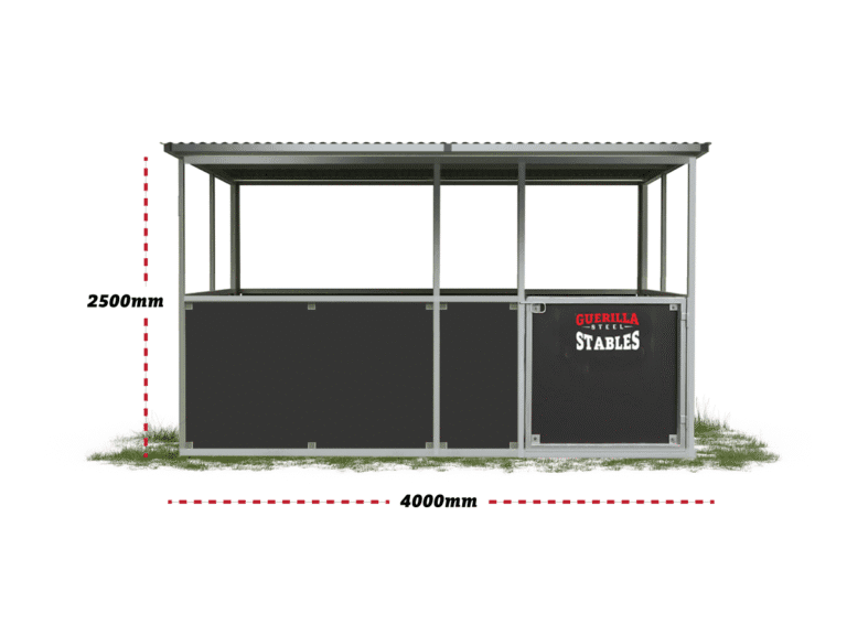 Front elevation drawing of standard 4x4 stable showing mesh and steel layout