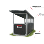 Steel horse stable with weather protection features.
