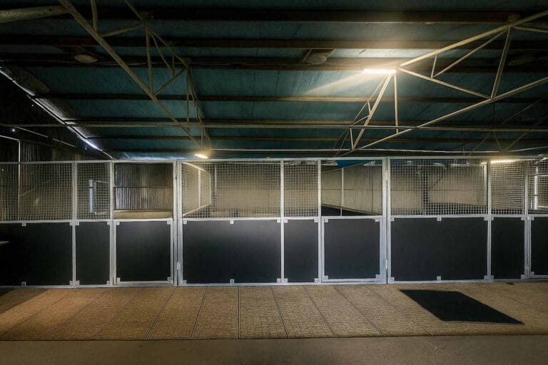 Spacious indoor horse stable with metal gates.