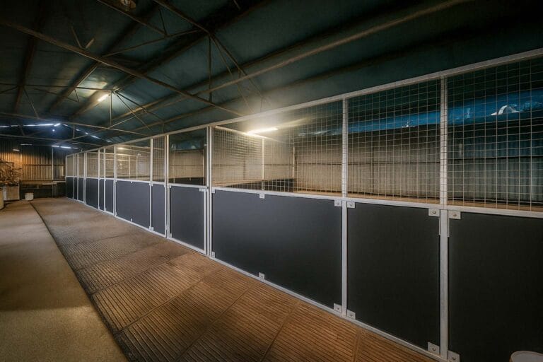 Empty indoor animal enclosures with metal fencing