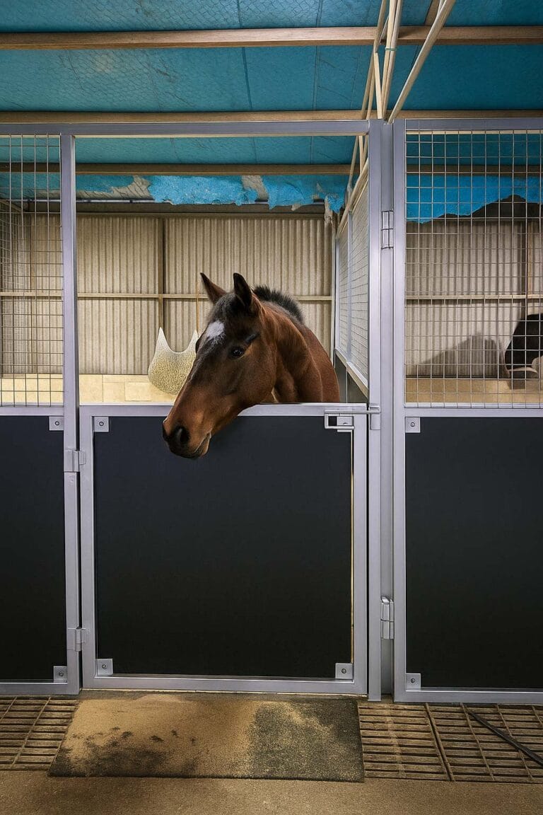Horse peeking over stable door indoors.