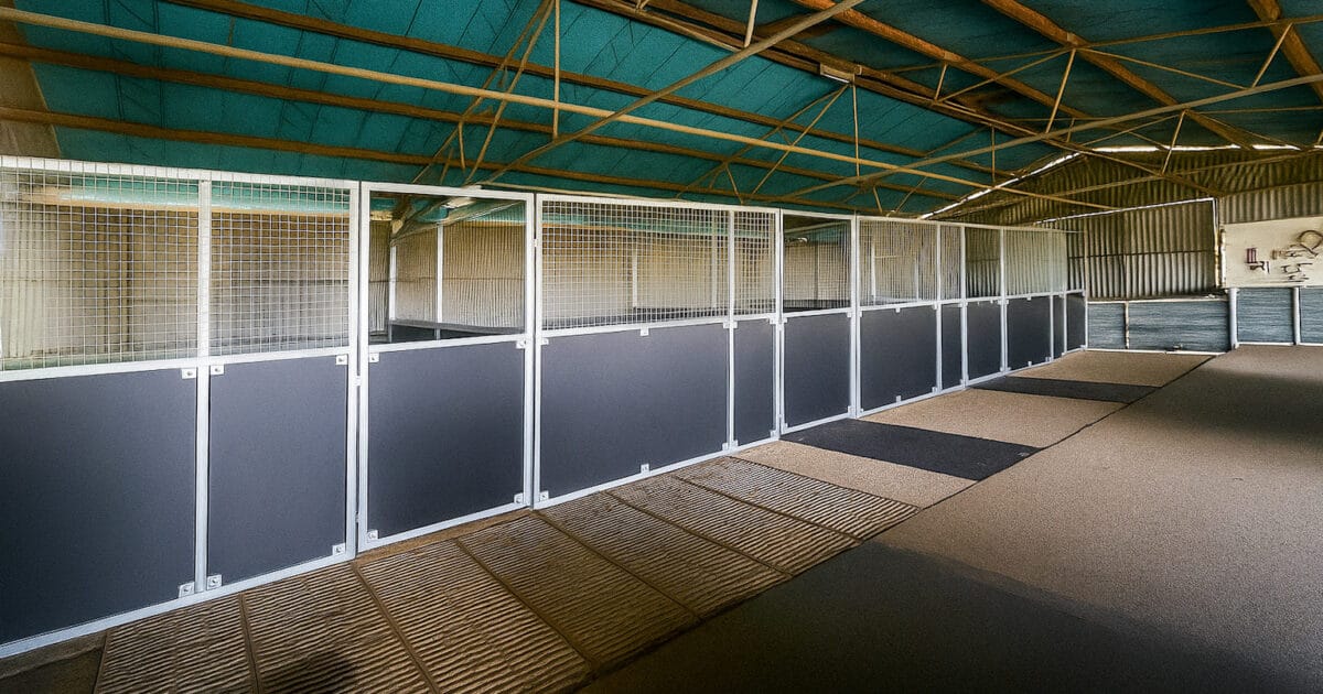 Spacious indoor animal enclosures with sturdy metal fencing.