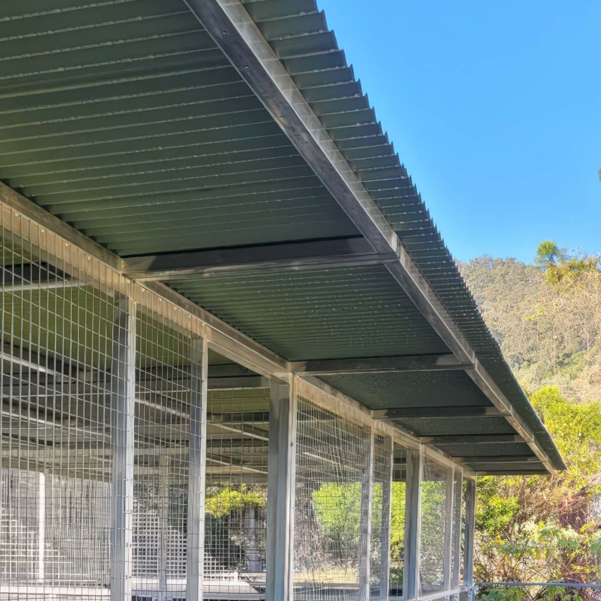Metal cages under a corrugated roof in sunlight.