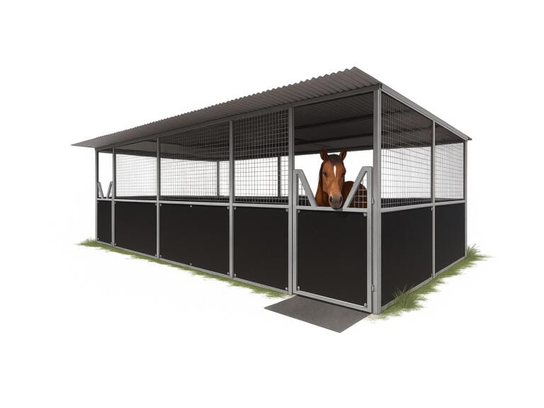 Illustration showing internal layout and flexible setup of Guerilla Steel’s portable twin bay horse stable.