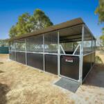 Rural steel stable featuring half-height yoke gates, mesh airflow panels and 2.5m roofline.