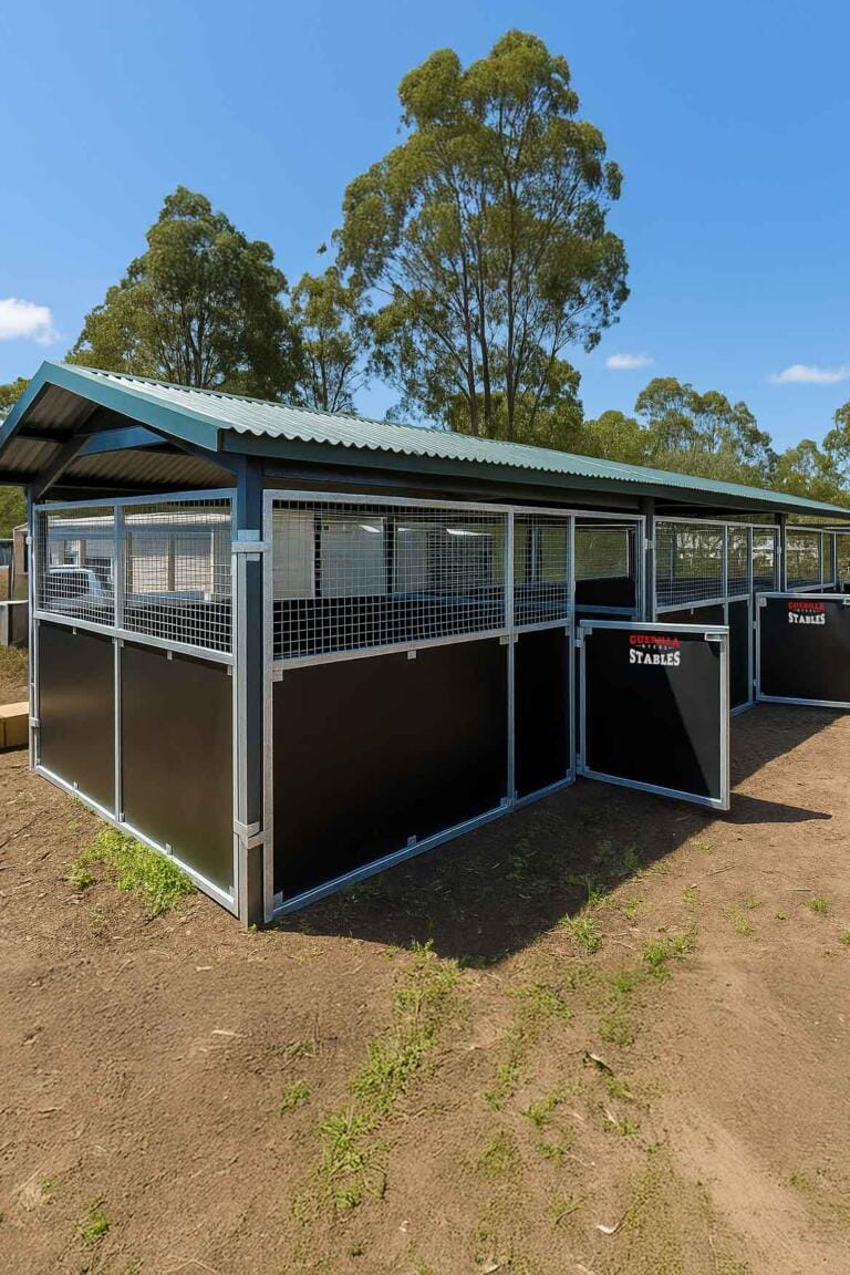 Outdoor horse stables with metal and wood construction.