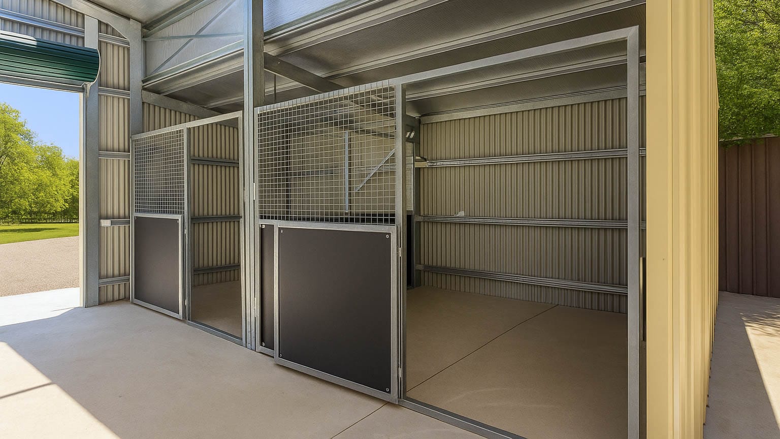 Empty metal stables with open roller door.