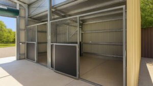 Modern outdoor metal storage units with open doors.