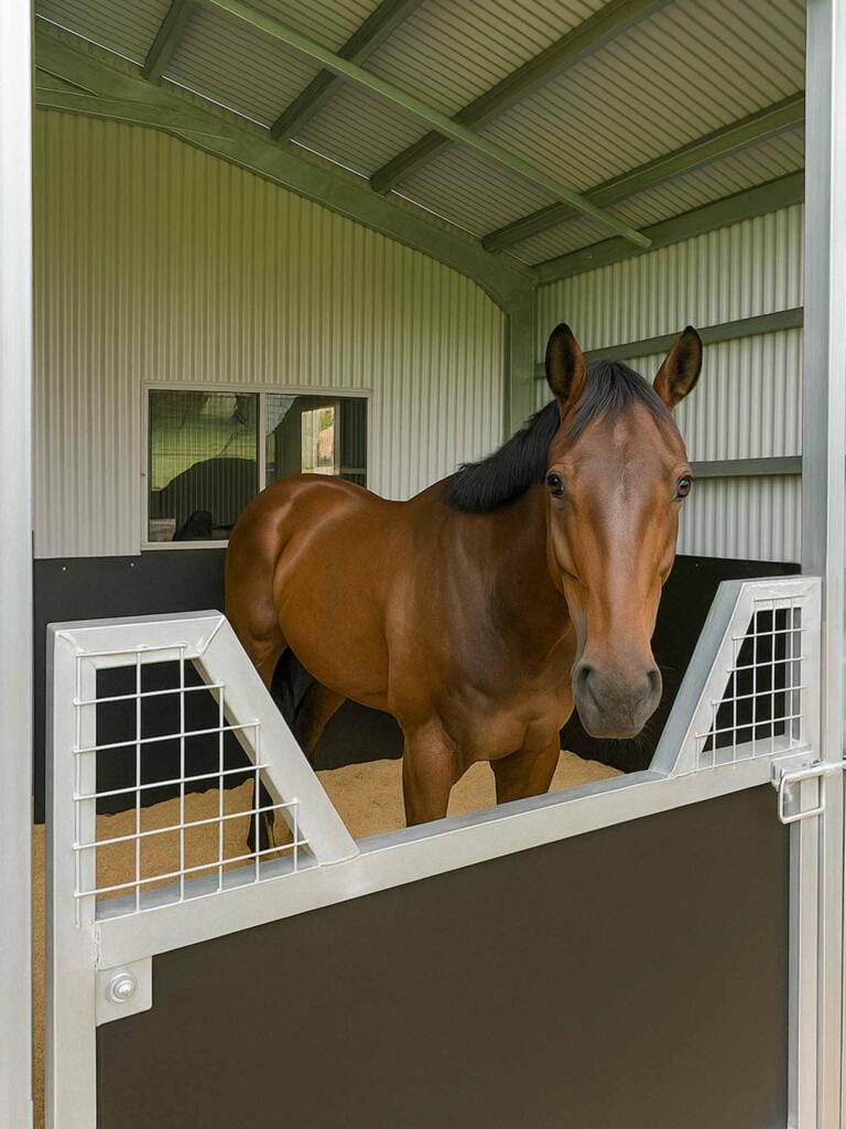 Brown horse standing in a modern stable.