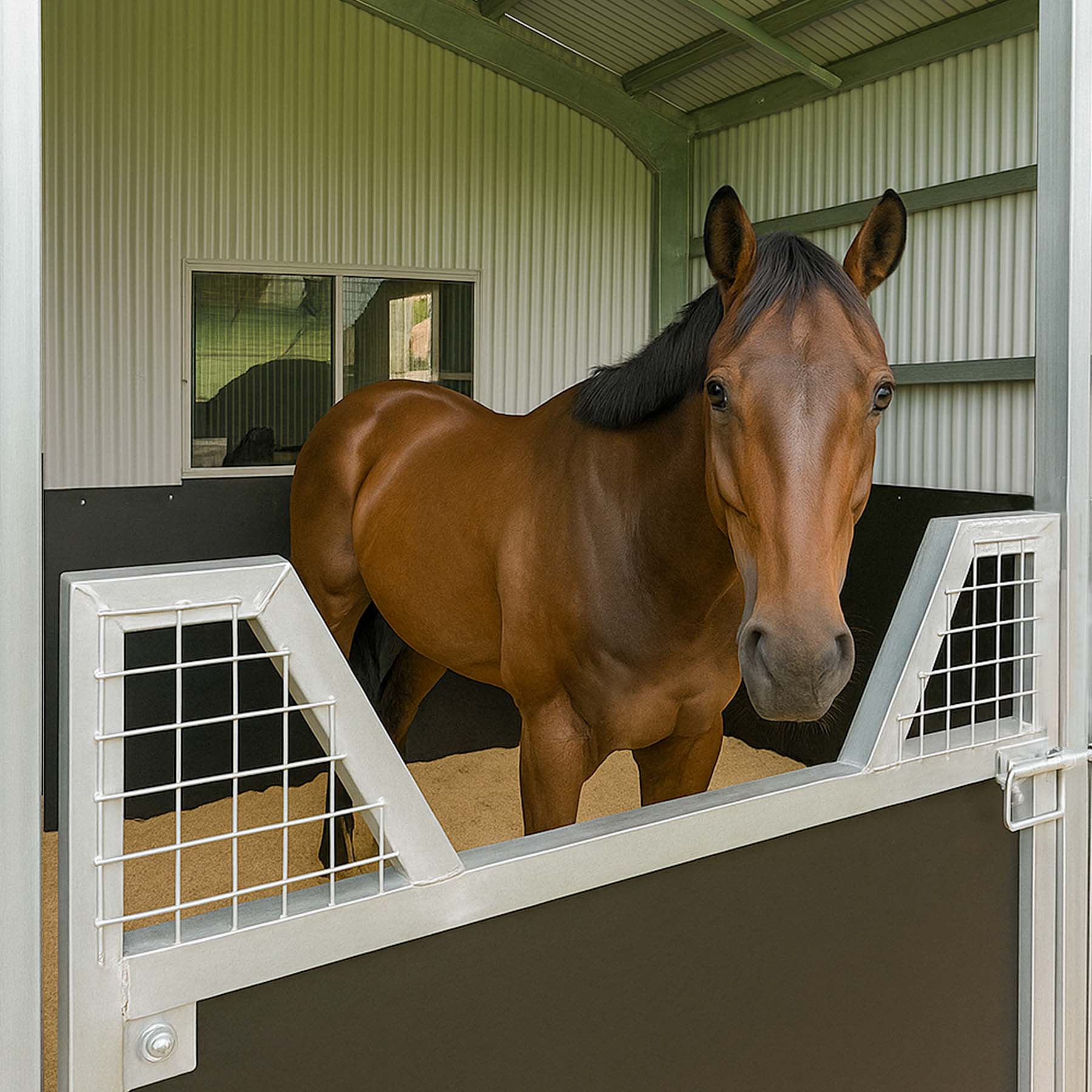 Brown horse standing in stable looking outside.