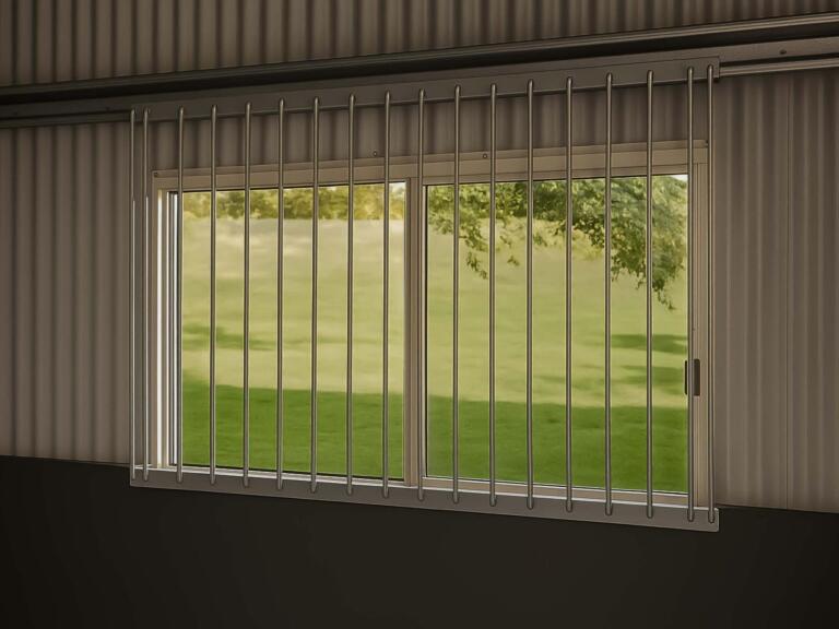External view of barred stable window with airflow design in corrugated shed wall