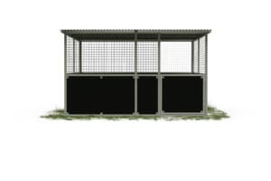 Outdoor horse shelter with metal netting and roof.