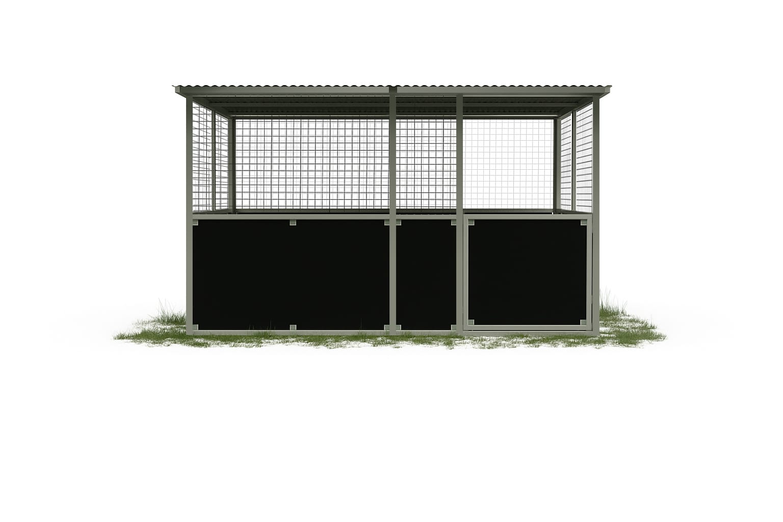 Outdoor horse shelter with metal netting and roof.